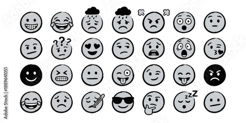 Assorted Simple Black and White Emoji Icons Displaying Various Facial Expressions and Emotions