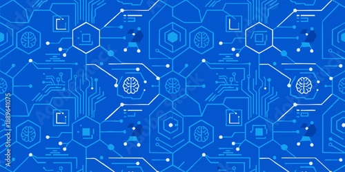 A detailed view of a blue circuit board pattern featuring interconnected hexagons and various electronic components from a top-down perspective