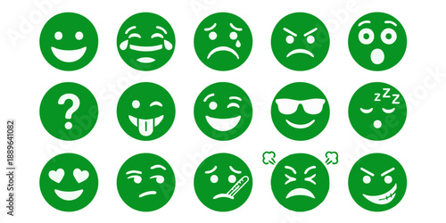 Collection of diverse green emojis expressing various emotions on a clean background