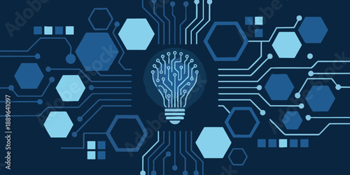 Innovative technology concept with lightbulb surrounded by circuit boards and hexagons from a futuristic viewpoint