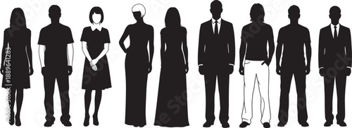 Silhouettes of nine diverse individuals in varied clothing and postures, ideal for fashion, identity, demographic, and editorial character design illustrations