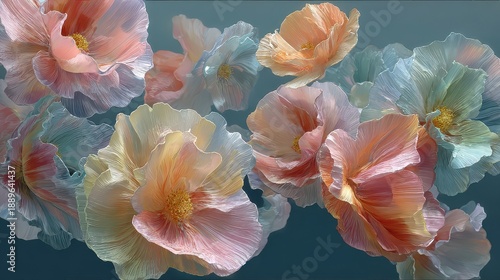 Colorful flowers float softly in the air with pastel petals and yellow centers under gentle light during a calm moment in spring