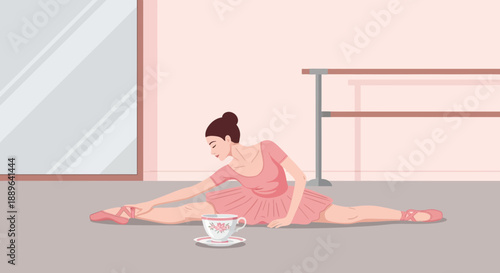 Ballerina in pink tutu stretching on floor with teacup.