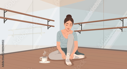 Ballerina preparing for practice adjusting her pointe shoes with a cup of coffee nearby.