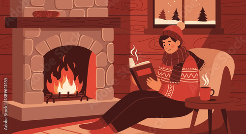Cozy person reading book by warm fireplace.