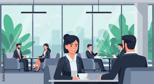 Businesswoman and businessman having a coffee break and discussing work.