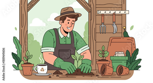 Man in hat and gloves potting plants in a greenhouse.