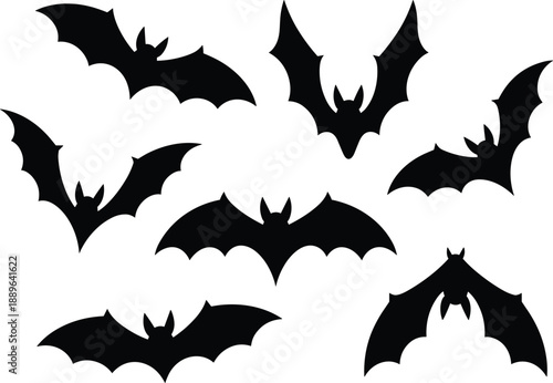 Bat silhouette illustration set, flying bat icons, black vector graphic, Halloween symbol, nocturnal animal design, spooky theme art