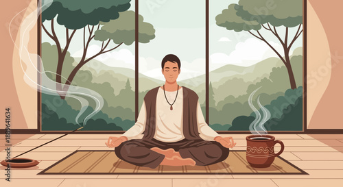 Man Meditating in Lotus Position with Serene Expression.