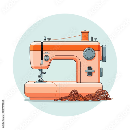 Vintage sewing machine with thread on light blue circle