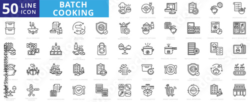 batch cooking icon pack outline contains quick reheating, make ahead meal, reusable bags, ingredient list, minimal waste, multi-meal prep, budget-friendly, healthy option, prep station, ready to eat
