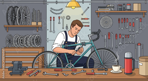 Man repairing bicycle in a workshop.