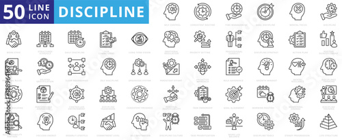 discipline icon pack outline contains emotional regulation, professional conduct, positive reinforcement, delay gratification, clear boundaries, proactive approach, accountability partner, environment