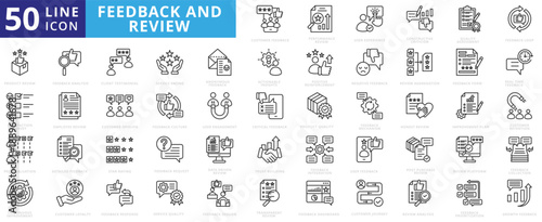 feedback and review icon pack outline contains constructive criticism, trust building, peer evaluation, post purchase, actionable insights, positive reinforcement, client testimonial