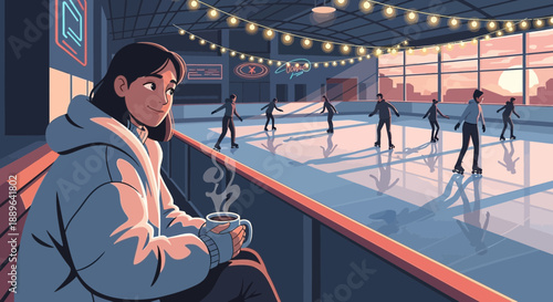 Woman enjoying hot drink at ice rink.