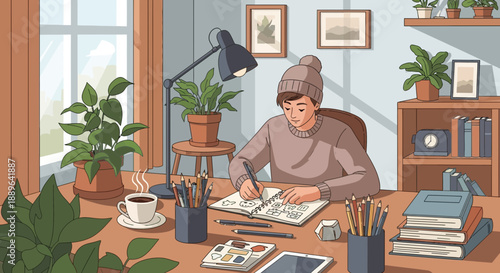 Young artist sketching in a cozy home studio.