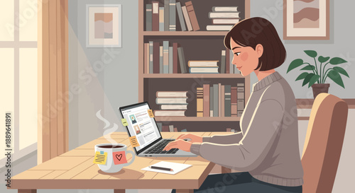 Woman working on laptop at home office desk.