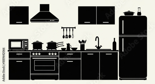 Modern Kitchen Interior Silhouette With Appliances And Utensils.