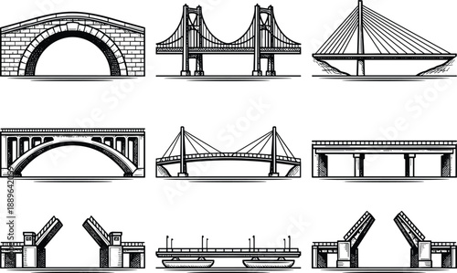 Bridge architecture illustration set featuring arch suspension cable stayed beam and drawbridge designs isolated black white vector icons collection engineering