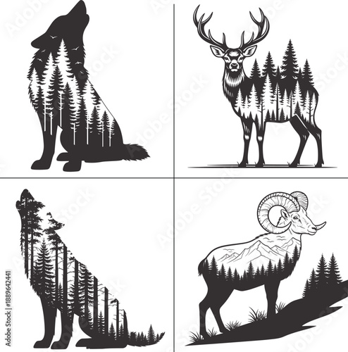 Wild Animal Double Exposure Forest Silhouette Bundle for T Shirt Design