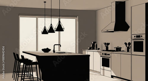 Modern Kitchen Interior Design with Island and Stools.