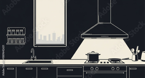 Modern Kitchen Interior Design with Stove and Sink.