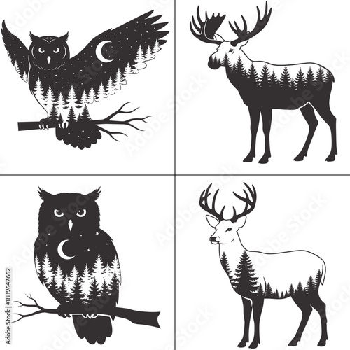 Wild Animal Double Exposure Forest Silhouette Bundle for T Shirt Design