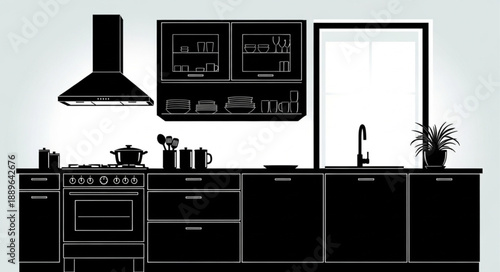 Modern Kitchen Interior Silhouette Design.