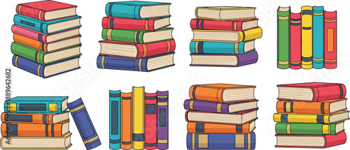Colorful book stacks and rows collection, hand drawn library literature vector set, educational school textbooks, bookstore reading elements on white background.
