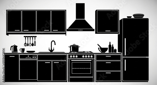 Modern Kitchen Interior Silhouette Design.