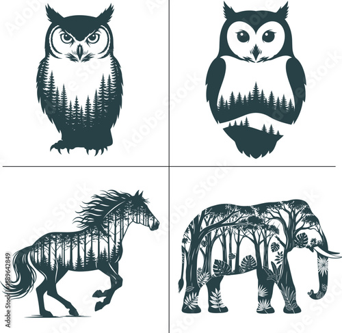 Wild Animal Double Exposure Forest Silhouette Bundle for T Shirt Design