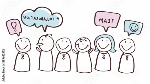 A group of stick figures with speech bubbles containing foreign text