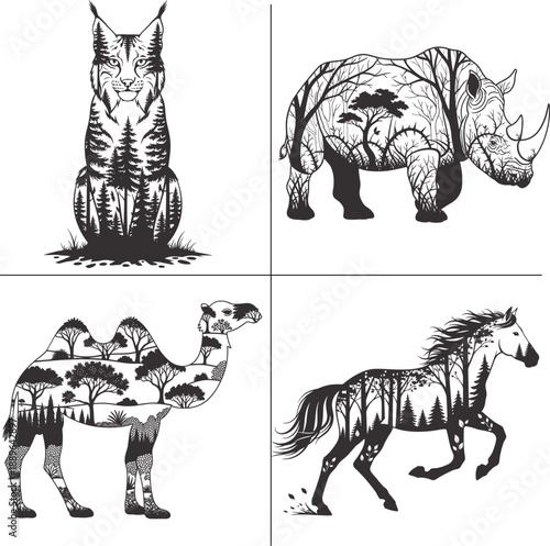 Wild Animal Double Exposure Forest Silhouette Bundle for T Shirt Design