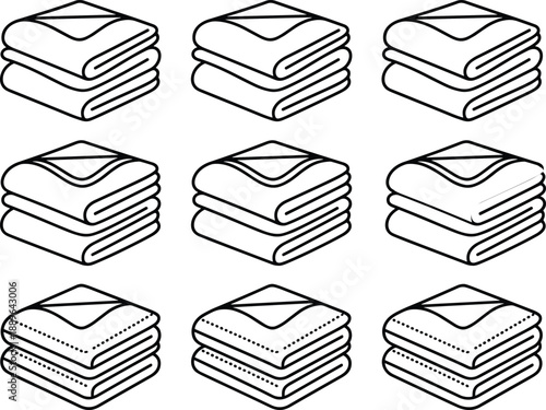 Folded blanket icon set, textile vector illustration, pattern classification graphic, cozy bedding symbol, stacked fabric design