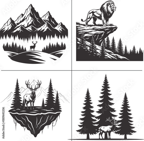Wild Animal Double Exposure Forest Silhouette Bundle for T Shirt Design