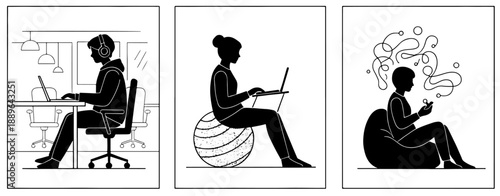 Modern woman lifestyle silhouettes set work relax and coffee break