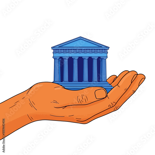 Hand holding a blue building icon isolated