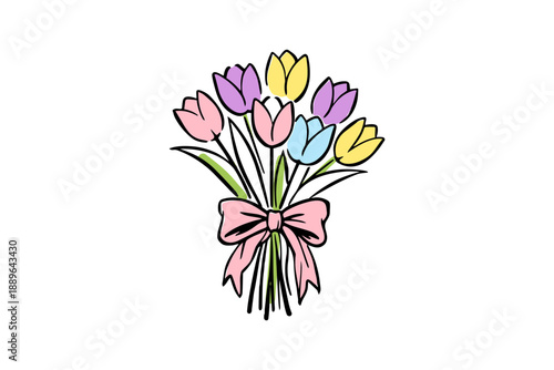 Easter clipart bouquet of colorful tulips tied with a pink bow, simple drawing illustration