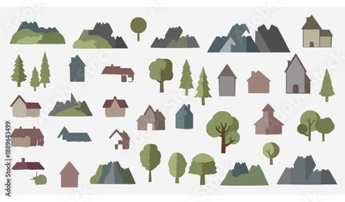 Tiny Houses, Trees and Mountains Paper Cut Style Vector Set