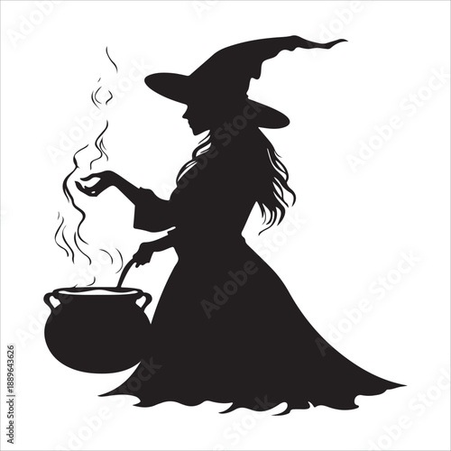 halloween witch with a broom, Halloween Witch cooking Cauldron silhouette vector graphic, Witch stirring cauldron with stars potion magic, Witch cauldron silhouette, potion cooking vector