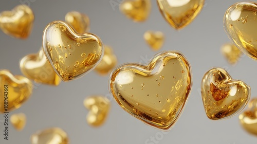 Floating golden hearts fill the space creating a cheerful and bright atmosphere during a celebration or romantic event in a studio setting