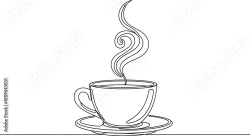 Minimal line art coffee cup with rising steam, elegant outline illustration for cafe branding, menu design, logo concept, modern monochrome beverage graphic
