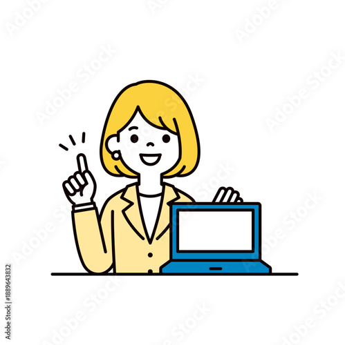パソコンの画面を見せてアドバイスする、若い女性社員のシンプルな上半身ベクターイラスト素材