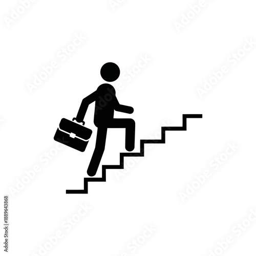 A black silhouette of a person climbing stairs with a briefcase in hand