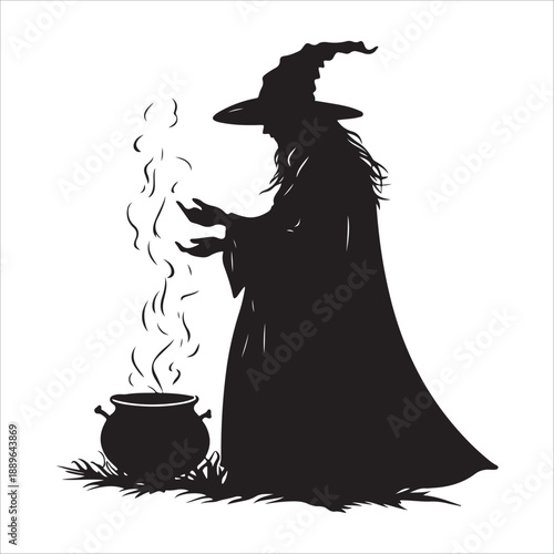 halloween witch with a broom, Halloween Witch cooking Cauldron silhouette vector graphic, Witch stirring cauldron with stars potion magic, Witch cauldron silhouette, potion cooking vector