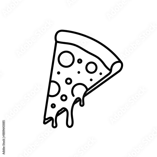 A black and white line drawing of a slice of melted cheese pizza