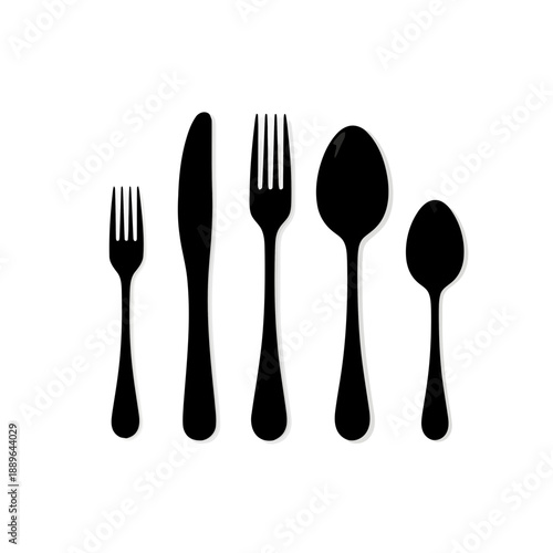 Black silhouettes of various forks, knives and spoons