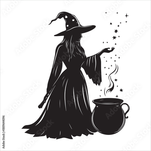 halloween witch with a broom, Halloween Witch cooking Cauldron silhouette vector graphic, Witch stirring cauldron with stars potion magic, Witch cauldron silhouette, potion cooking vector