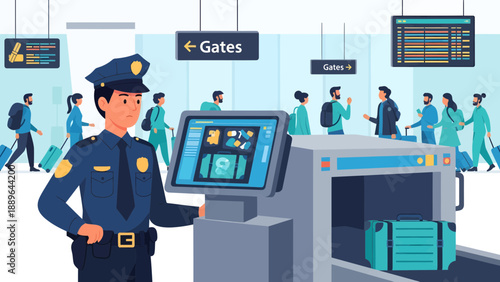 Security Officer Monitoring Luggage at Airport Checkpoint.