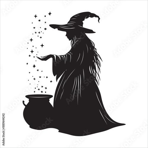 halloween witch with a broom, Halloween Witch cooking Cauldron silhouette vector graphic, Witch stirring cauldron with stars potion magic, Witch cauldron silhouette, potion cooking vector